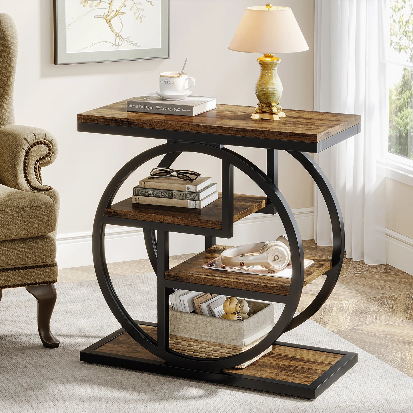 Narrow End Table With 3 Storage Shelves